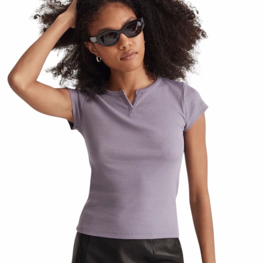MADEWELL Women’s Purple Short Sleeve Brightside Rib Split-Neck Tee Medium